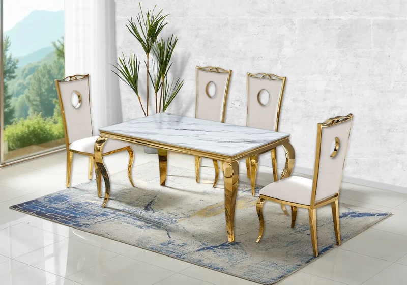 Table à manger rectangulaire marbre beige or - Neo