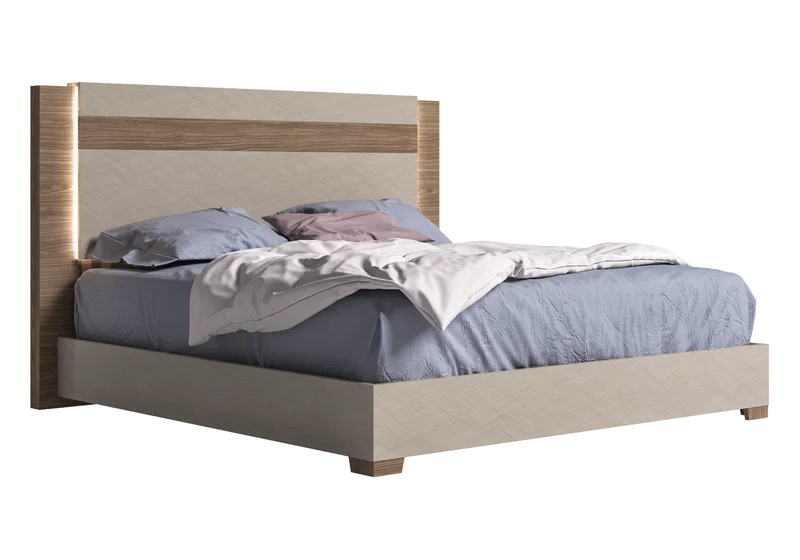 Lit adulte avec éclairage LED bois corde et noyer - Nora