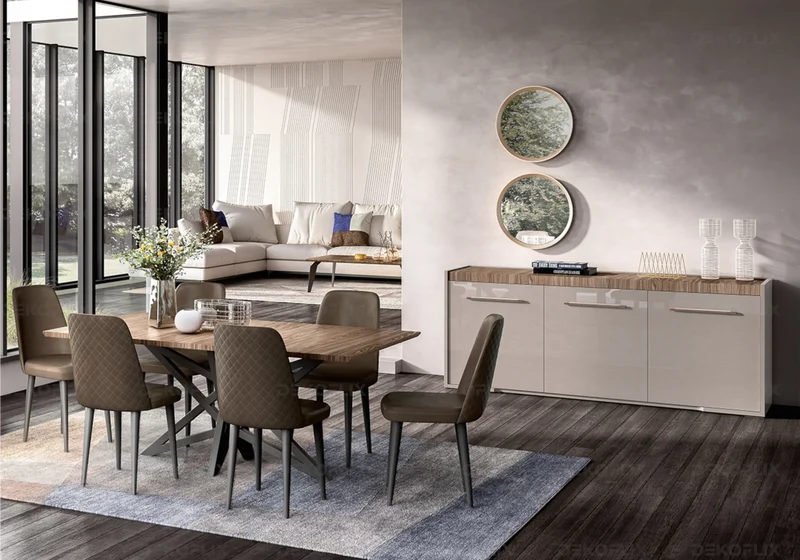 Buffet 3 portes bois corde et plateau noyer design - Nora