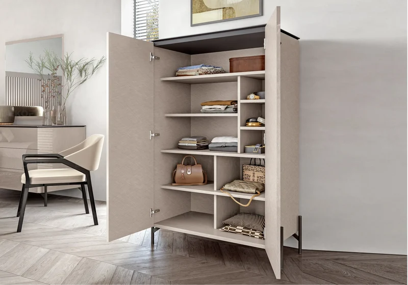 Armoire 2 portes marbre beige et laquée corde - Silvia