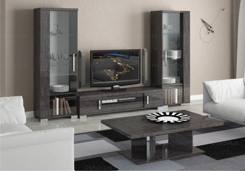 Meuble TV 3 ou 4 portes bouleau gris laqué design - Sarah
