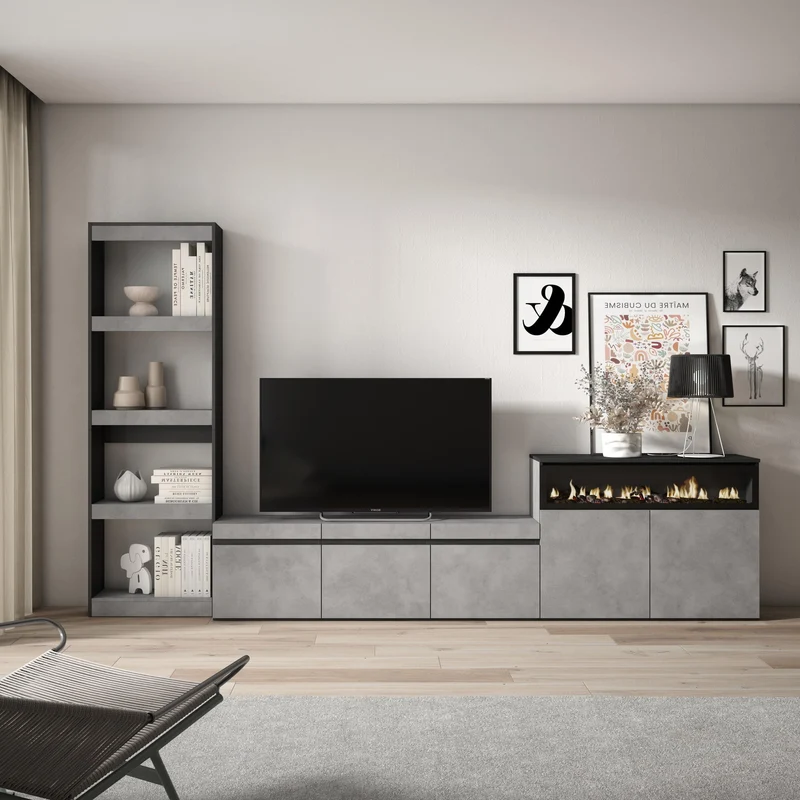 Ensemble Meuble TV - 310x186x35cm - Cheminée électrique - Pour les TV jusqu'à 65" - Ciment