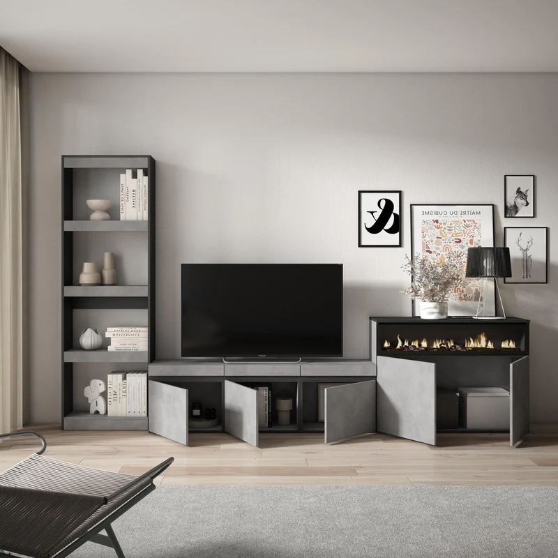 Ensemble Meuble TV - 310x186x35cm - Cheminée électrique - Pour les TV jusqu'à 65" - Ciment