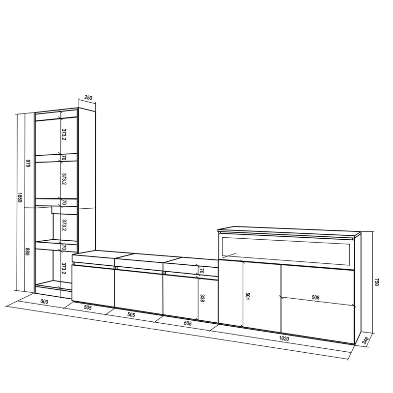 Ensemble Meuble TV - 310x186x35cm - Cheminée électrique - Pour les TV jusqu'à 65" - Ciment