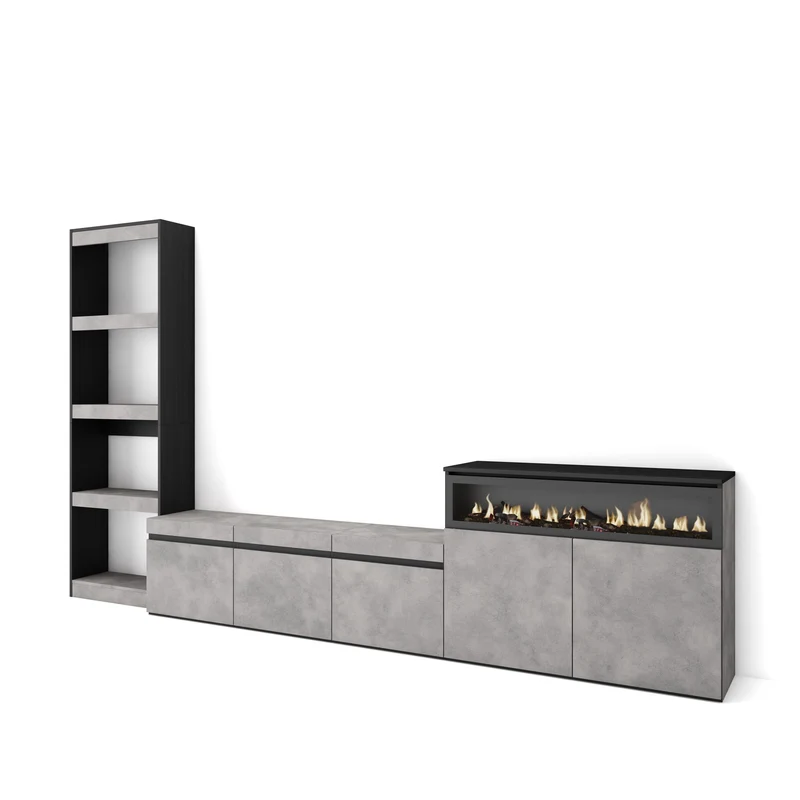Ensemble Meuble TV - 310x186x35cm - Cheminée électrique - Pour les TV jusqu'à 65" - Ciment