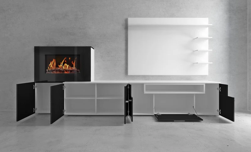 Meuble de salon avec cheminée électrique - 290 x 170 x 45 cm- Finition blanc mat et laqué blanc brillant