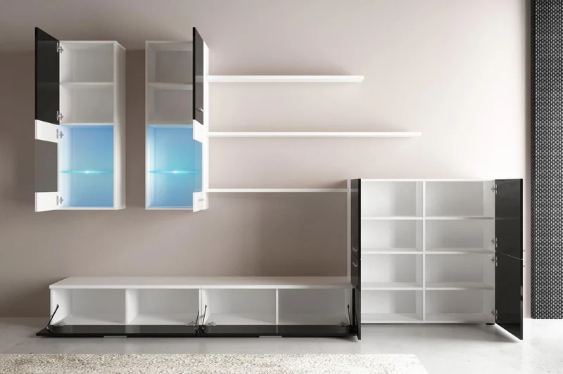 Ensemble de meubles TV, ilumination LED, Blanc Laqué et Blanc Mat