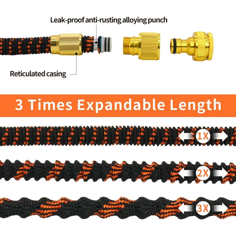 Tuyau d'arrosage flexible jusqu'à 15 mètres + Tête de pulvérisation et support de tuyau - Sac de rangement inclus - Noir/Orange