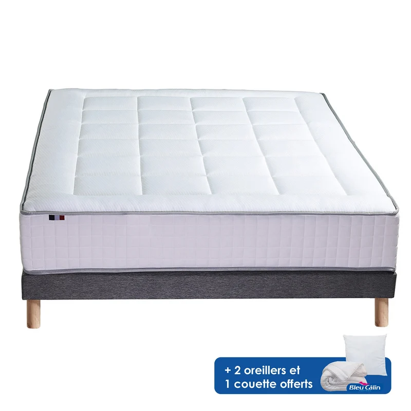Ensemble 140x190 cm matelas 30 cm Ressort 7 zones + sommier + oreiller + couette - FABRICATION FRANCAISE