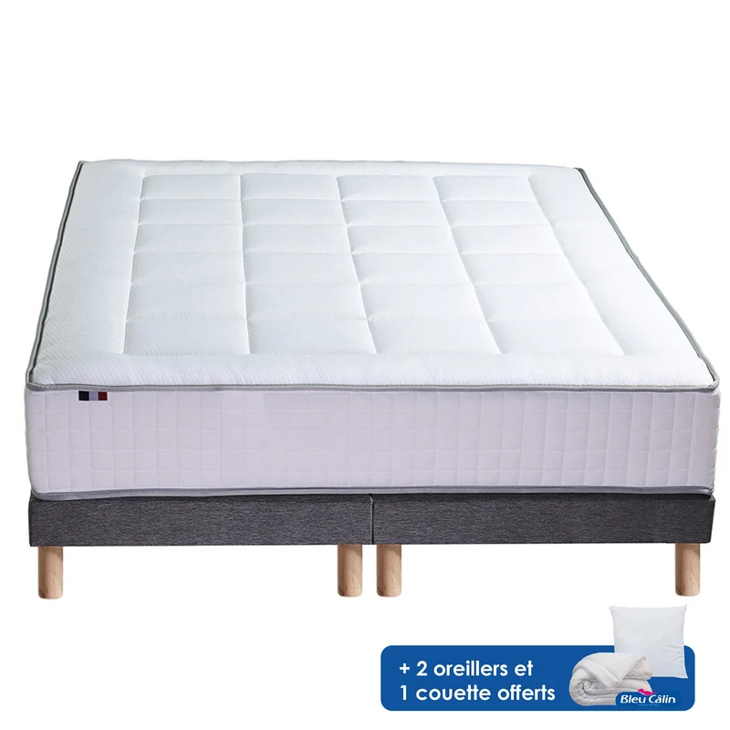Ensemble matelas 30cm 160X200 cm Ressort 7 zones + sommier + oreiller + couette - FABRICATION FRANCAISE