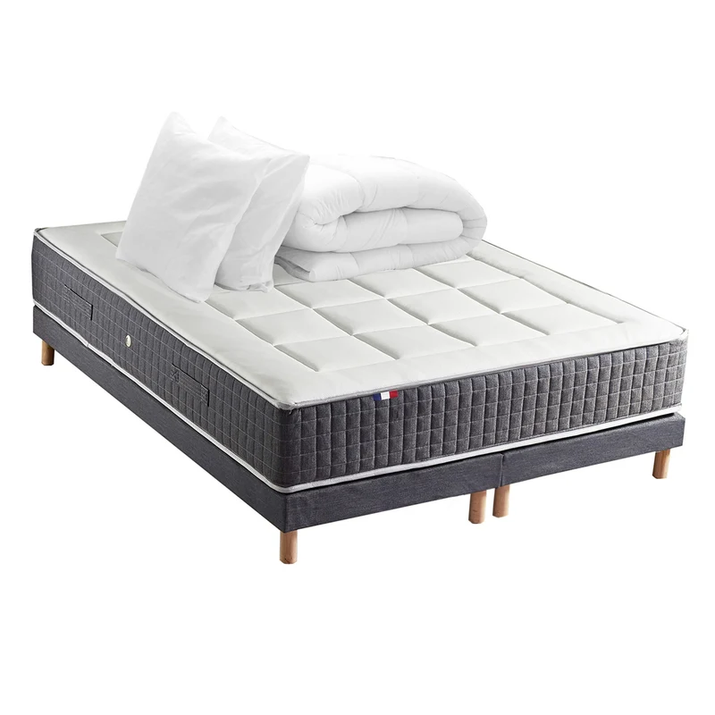 Pack matelas 30 cm 7 zones sommier bleu couette oreillers 160x200 cm