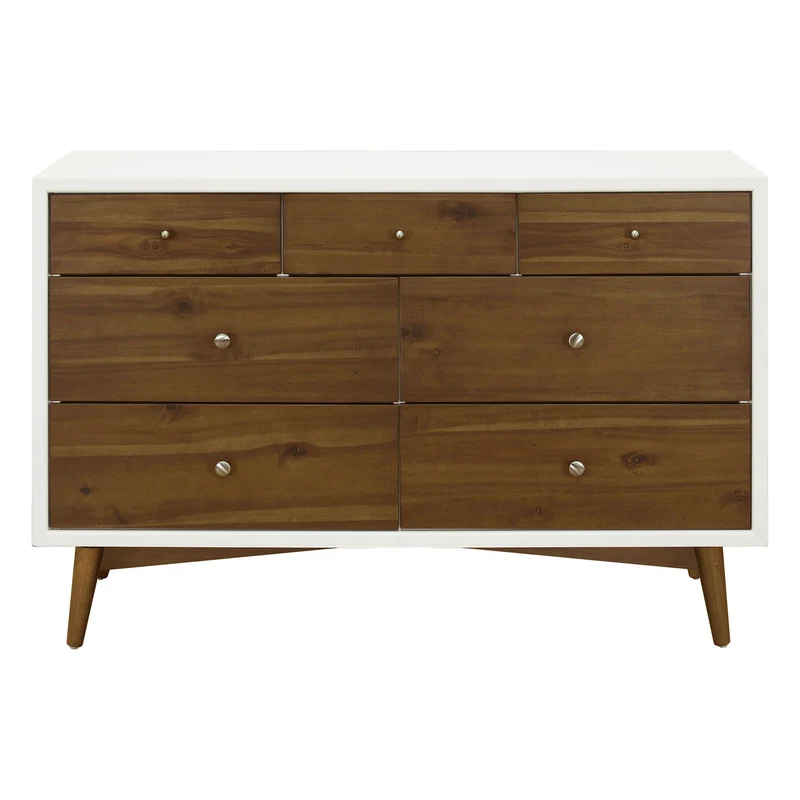 Commode 7 Tiroirs Palma - Blanc Chaud / Noyer