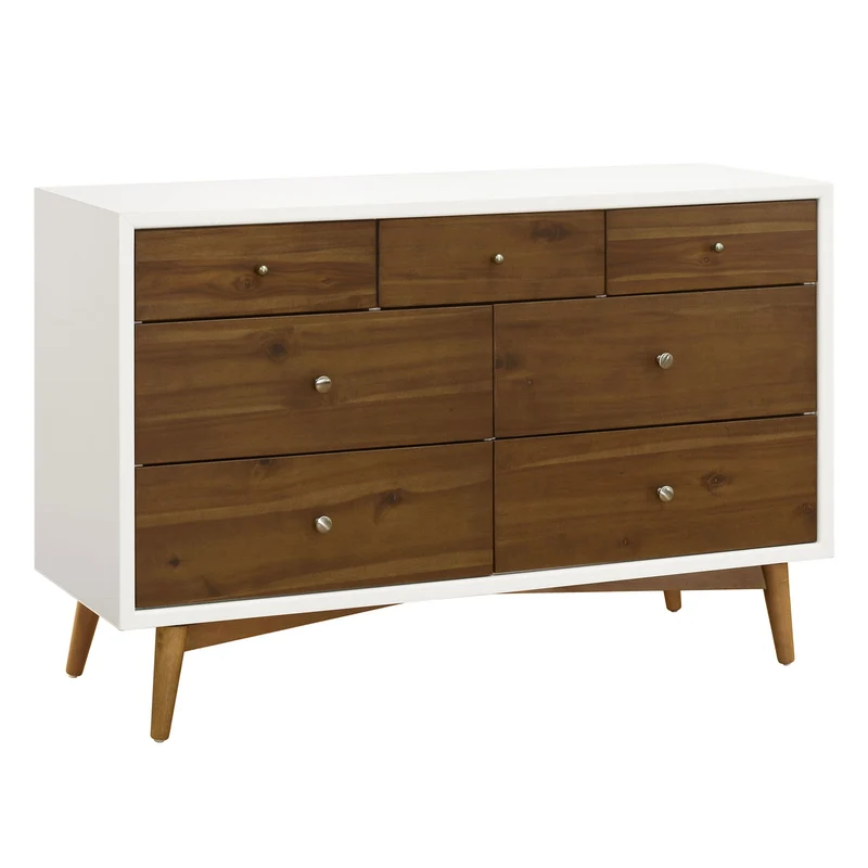 Commode 7 Tiroirs Palma - Blanc Chaud / Noyer