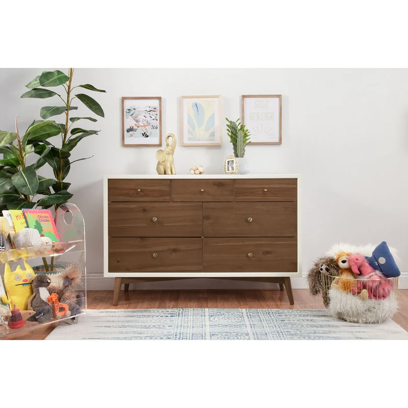 Commode 7 Tiroirs Palma - Blanc Chaud / Noyer