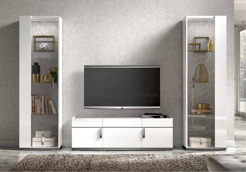 Meuble TV 3 ou 4 portes blanc laqué marbre gris - Mara