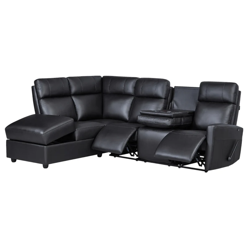 Sectionnel inclinable aspect cuir avec table centrale rabattable & chaise longue - Prague