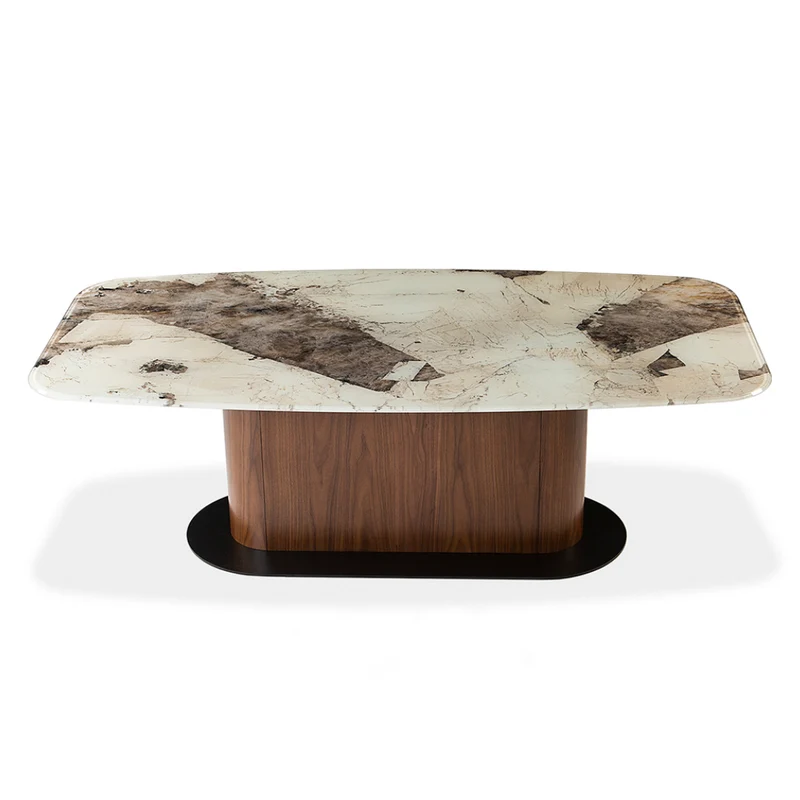 Table de salle à manger rectangulaire avec contour arrondi en verre et en bois - Luciano