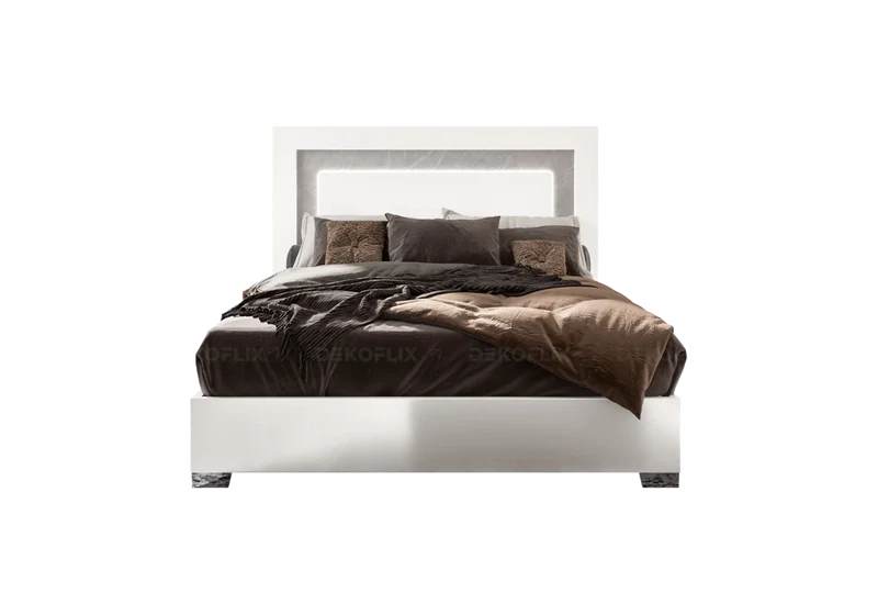 Lit adulte blanc laqué tête de lit LED - Mara