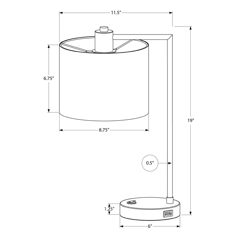 Lampe de table en métal noir avec port USB intégré 19 po - I 9646