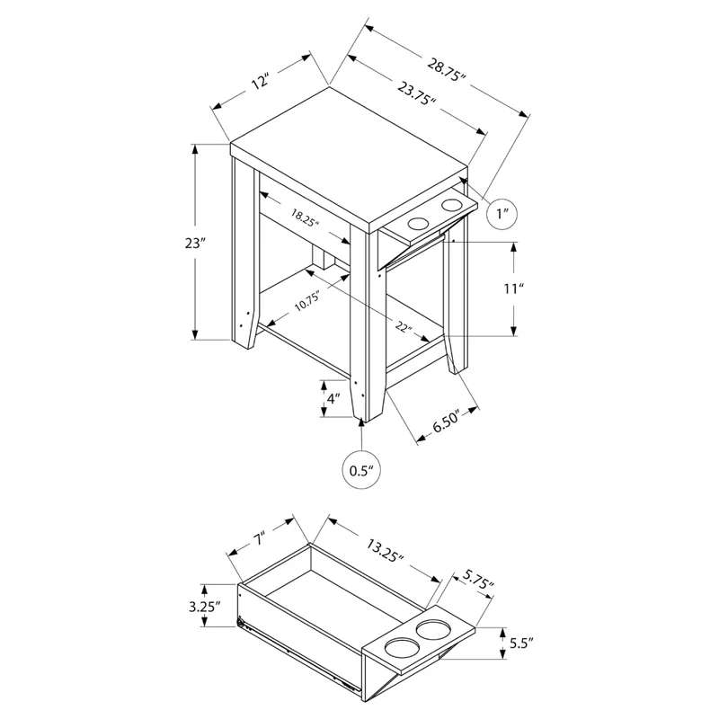 Table d'appoint en MDF/stratifié avec 1 tiroir et double porte-gobelet - I 3197-3198