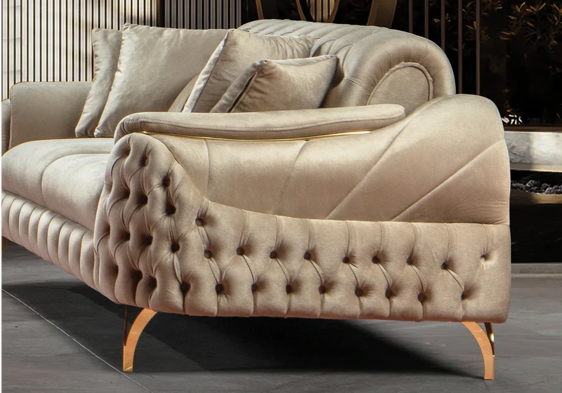 Canapé Turc Capitonné Velours Beige Doré – BELLA