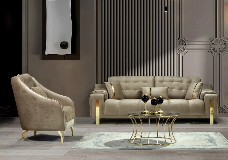 Canapé Turc Capitonné Velours Beige Design Doré - SINEM