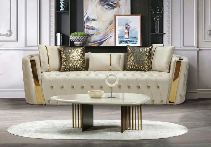 Canapé Turc Capitonné Chester Velours Beige Doré - NAPOLI