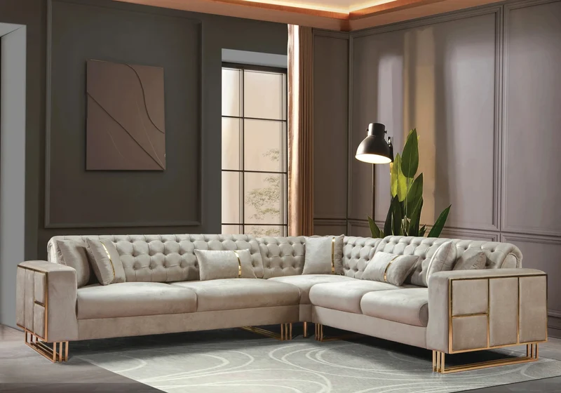 Canapé Turc Angle Capitonné Velours Beige Design Métal Doré – RIBELLA