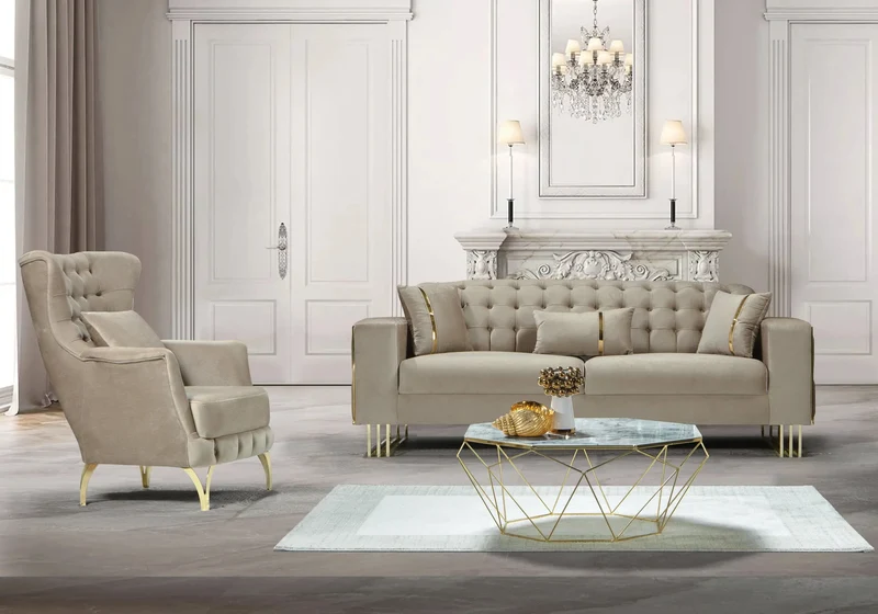 Canapé Turc Angle Capitonné Velours Beige Design Métal Doré – RIBELLA