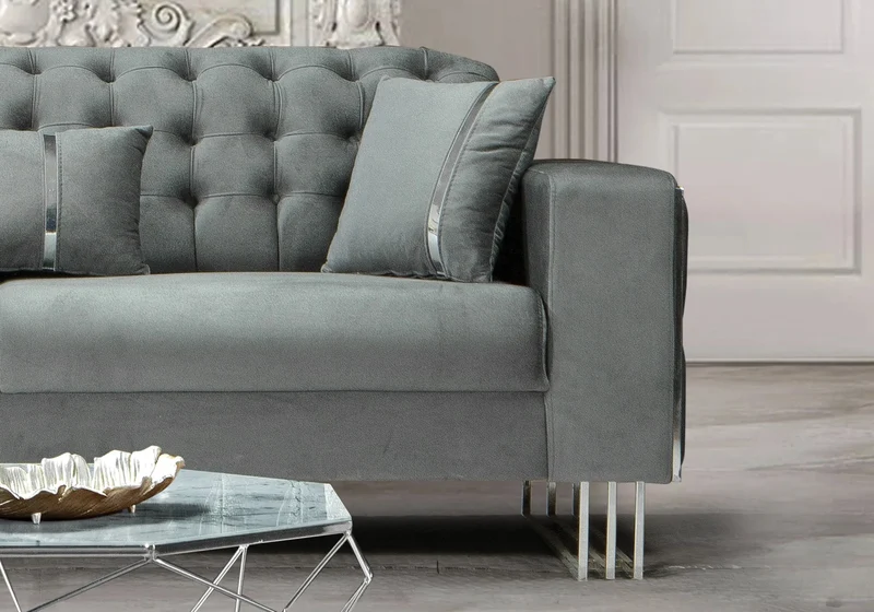 Canapé Turc Angle Capitonné Velours Gris Design Métal Argent – RIBELLA