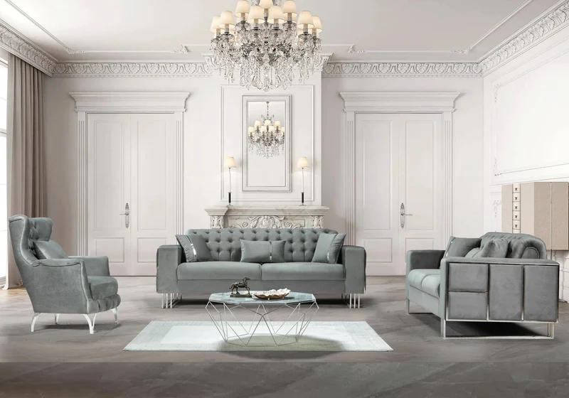 Canapé Turc Angle Capitonné Velours Gris Design Métal Argent – RIBELLA