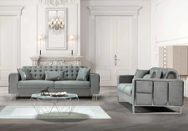 Canapé Turc Angle Capitonné Velours Gris Design Métal Argent – RIBELLA