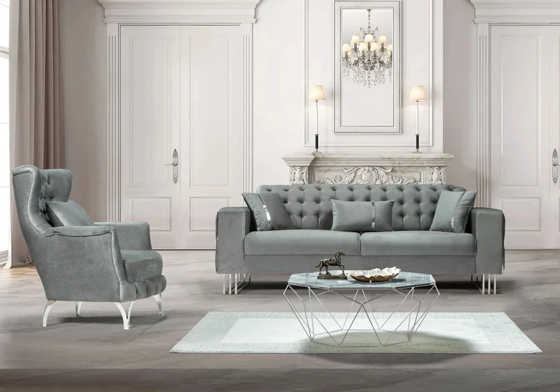 Canapé Turc Angle Capitonné Velours Gris Design Métal Argent – RIBELLA