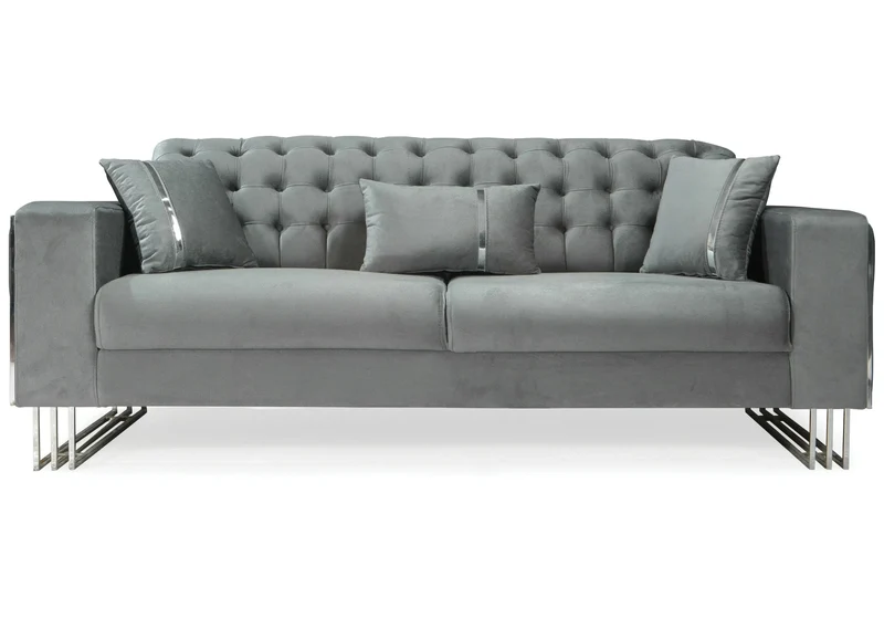 Canapé Turc Angle Capitonné Velours Gris Design Métal Argent – RIBELLA