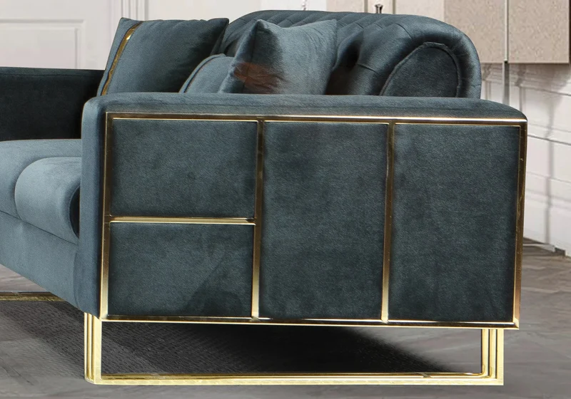 Canapé Turc Angle Capitonné Velours Anthracite Design Métal Doré – RIBELLA