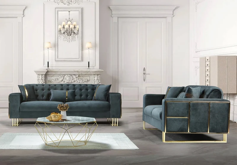 Canapé Turc Angle Capitonné Velours Anthracite Design Métal Doré – RIBELLA