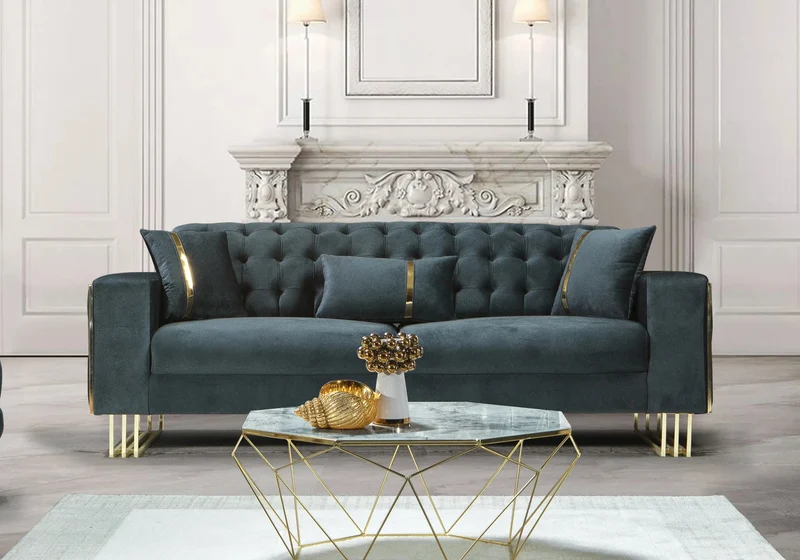 Canapé Turc Angle Capitonné Velours Anthracite Design Métal Doré – RIBELLA