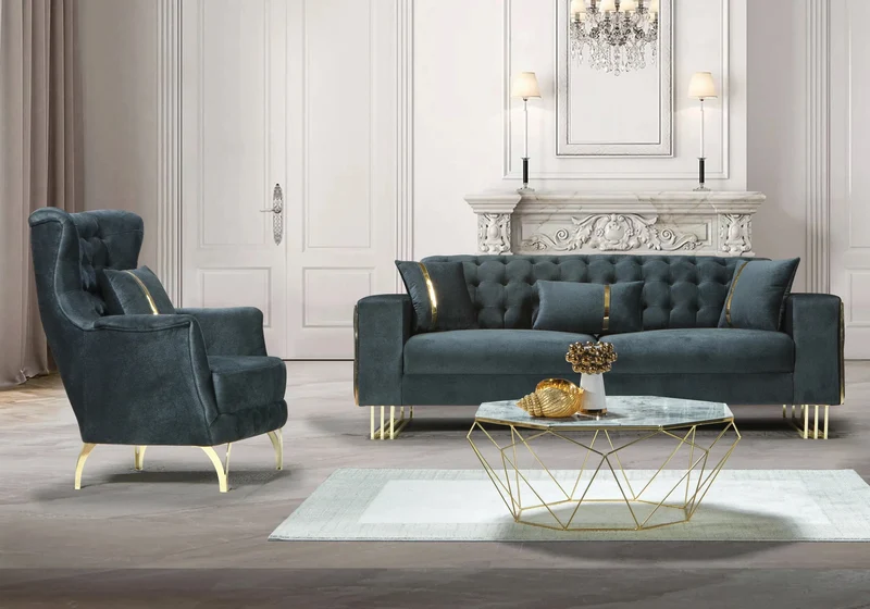Canapé Turc Angle Capitonné Velours Anthracite Design Métal Doré – RIBELLA