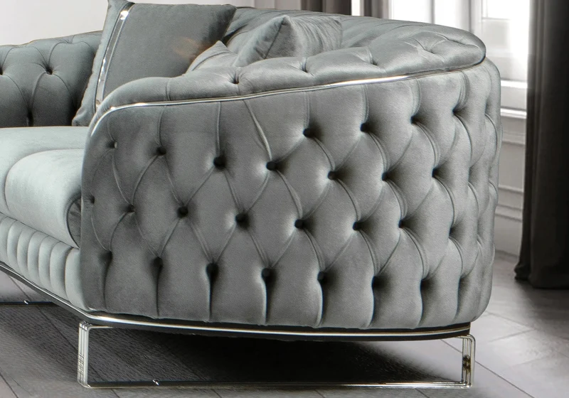 Canapé Turc Angle Capitonné Velours Gris Doré Chesterfield – PARIS