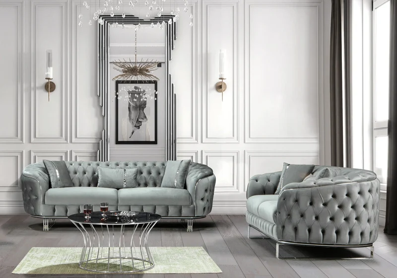 Canapé Turc Angle Capitonné Velours Gris Doré Chesterfield – PARIS