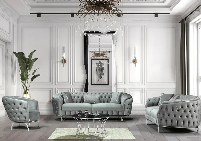 Canapé Turc Angle Capitonné Velours Gris Doré Chesterfield – PARIS