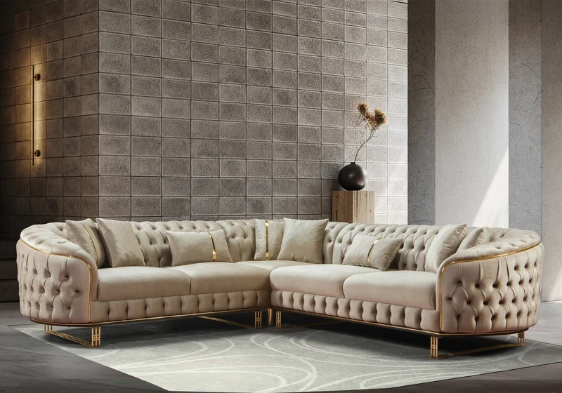 Canapé Turc Angle Capitonné Velours Beige Doré Chesterfield – PARIS