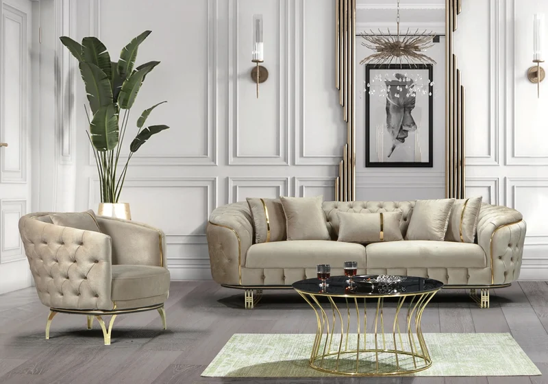 Canapé Turc Angle Capitonné Velours Beige Doré Chesterfield – PARIS