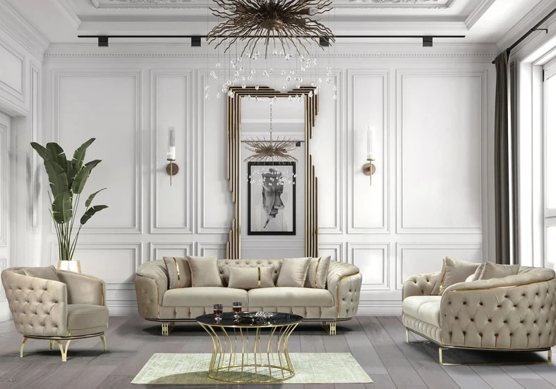 Canapé Turc Angle Capitonné Velours Beige Doré Chesterfield – PARIS