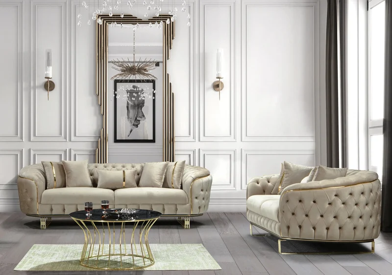 Canapé Turc Angle Capitonné Velours Beige Doré Chesterfield – PARIS
