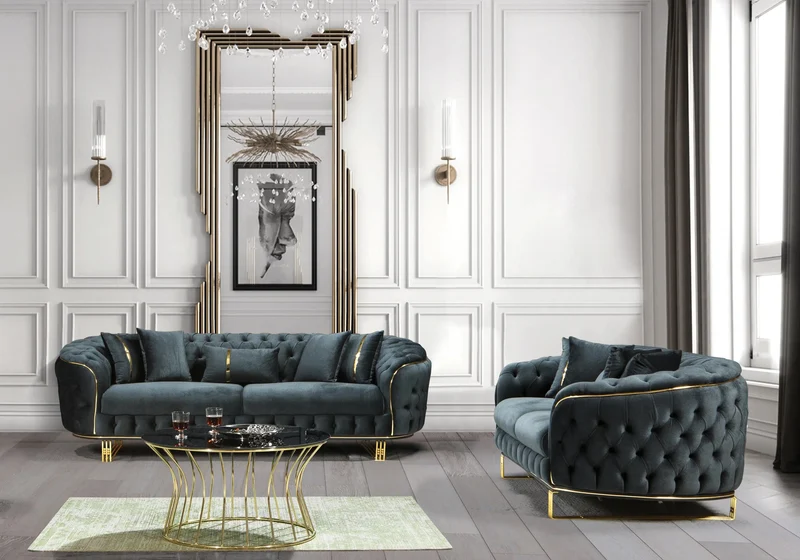 Canapé Turc Angle Capitonné Velours Anthracite Doré Chesterfield – PARIS