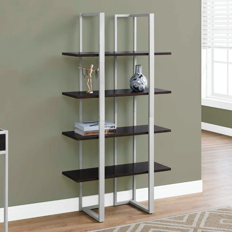 Étagère en métal argenté avec 4 tablettes en MDF/stratifié espresso - I 7239