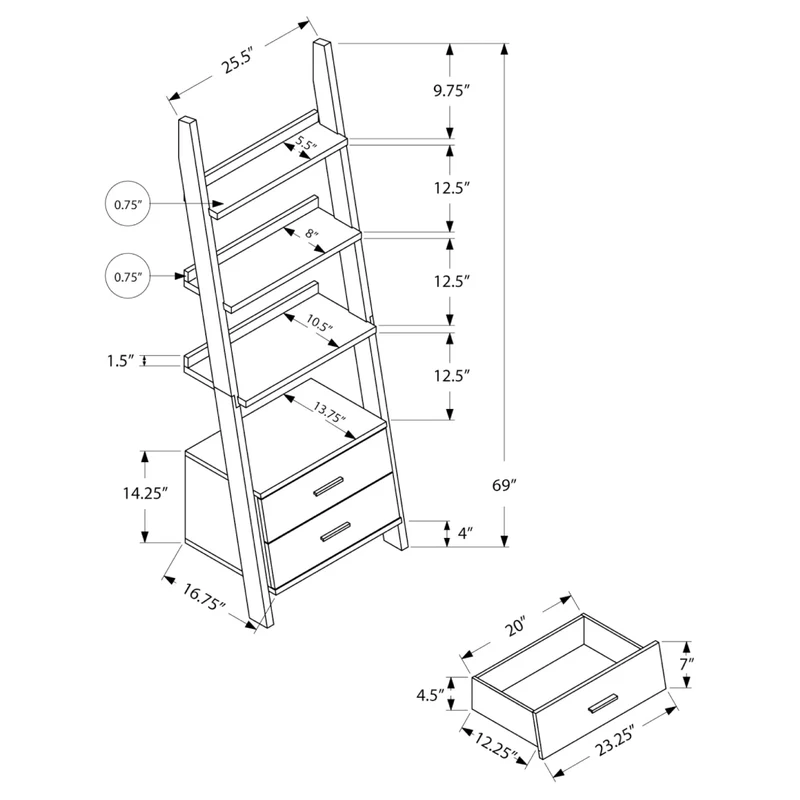 Étagère à échelle en MDF/stratifié avec 4 tablettes et 2 tiroirs - I 2562-2756-2542