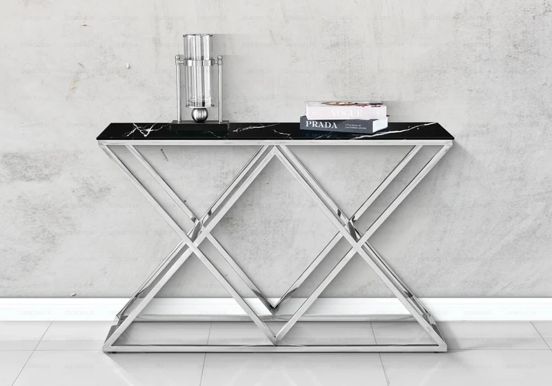 Console d'entrée effet marbre noir et pied argent - Erly