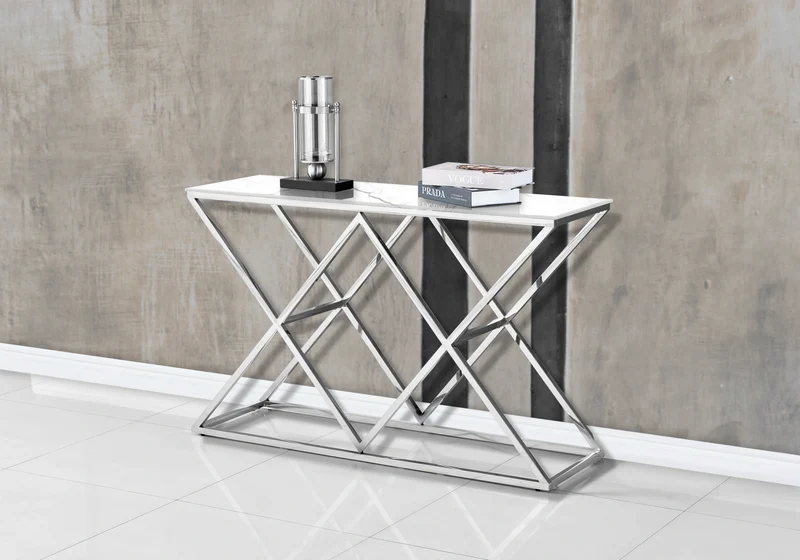 Console d'entrée effet marbre blanc et pied argent - Erly